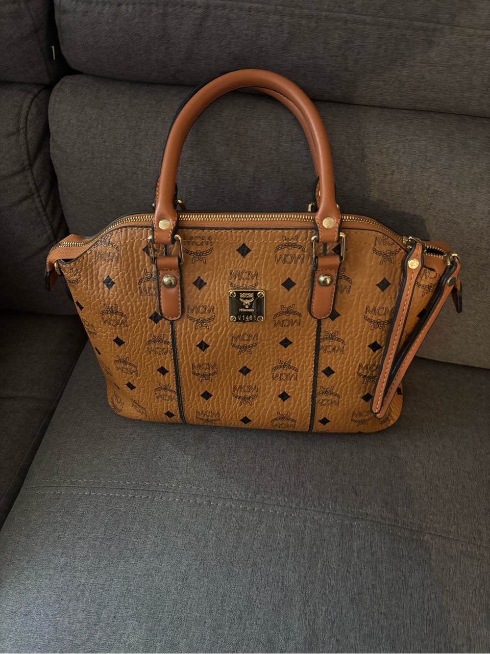MCM Visetos Cognac Leather Satchel - Tan and Black Logo